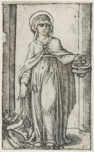 Heilige Marta met wijwatervat en vastgebonden duivel by anonymous, print, 1500-1575