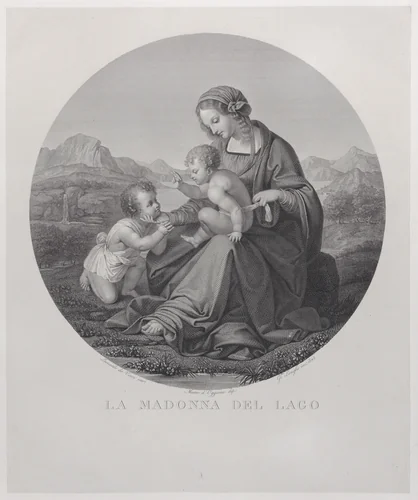 Virgin and Child with the infant Saint John the Baptist, before a landscape, in a tondo (La Madonna del Lago) by Giuseppe Longhi, print, 1825