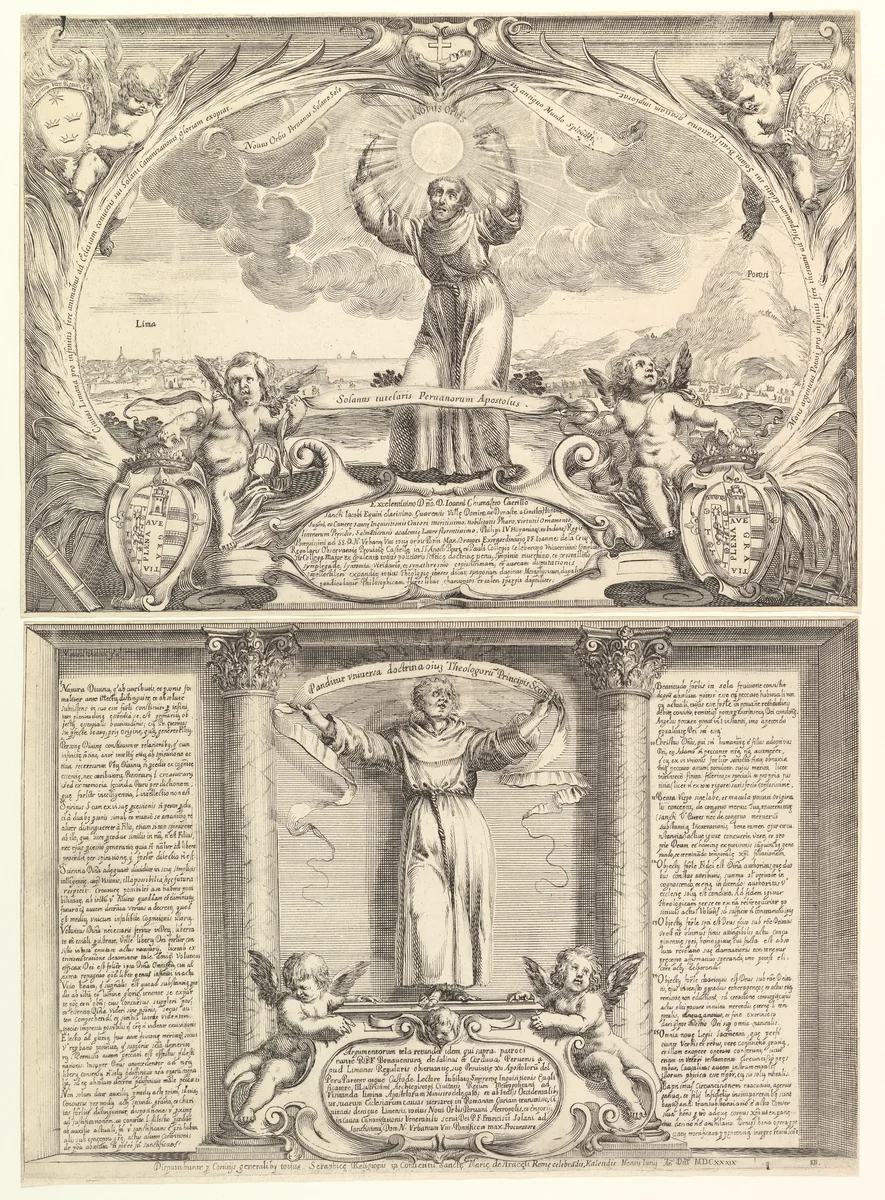 Decoration for a Thesis in Honor of Saint Francis Solano in two parts: the top part with Saint Francis Solano, arms raised and a sun in his hands, Mount Potosí at right; lower part with the doctor of the church holding a banner and two putti below by Stefano della Bella, print, 1639