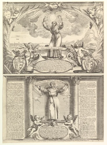 Decoration for a Thesis in Honor of Saint Francis Solano in two parts: the top part with Saint Francis Solano, arms raised and a sun in his hands, Mount Potosí at right; lower part with the doctor of the church holding a banner and two putti below by Stefano della Bella, print, 1639
