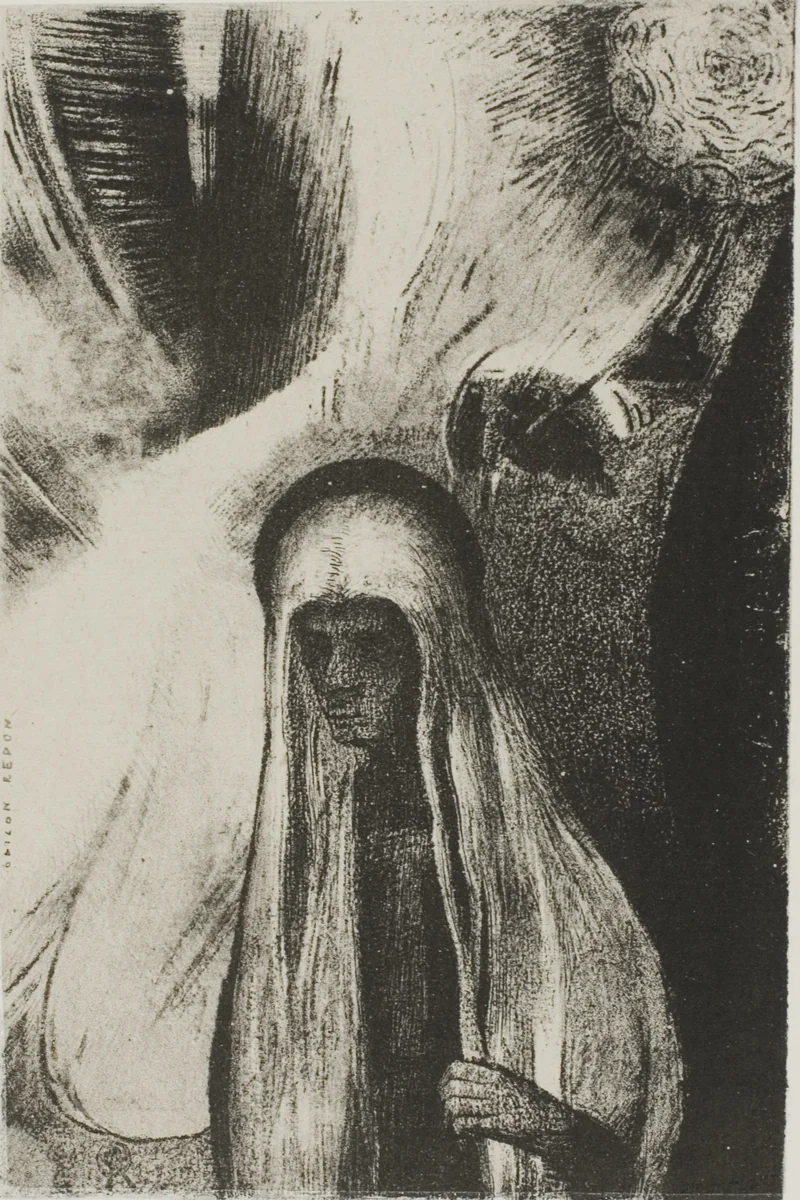 The Old Woman: "What are you afraid of? A wide black hole! It is empty, perhaps?", plate 19 of 24 by Odilon Redon, print, 1896