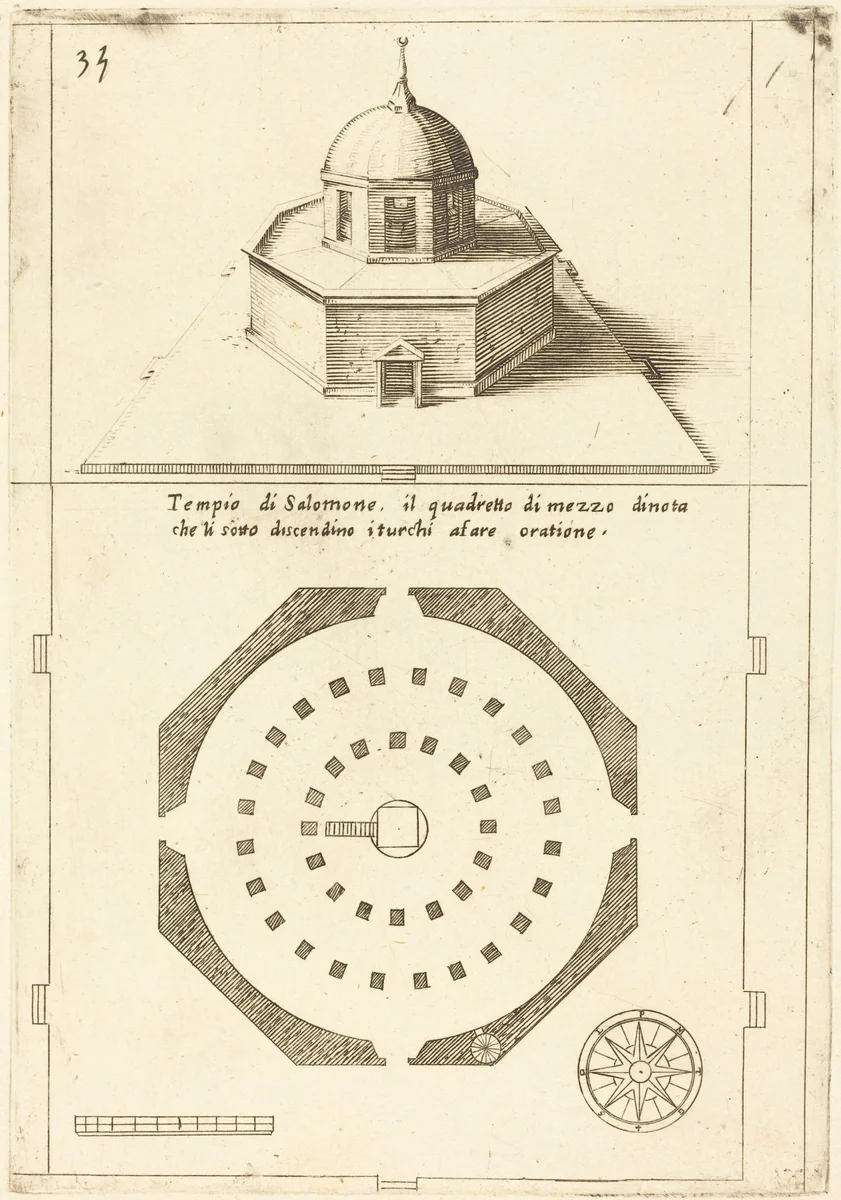 Plan and Rendering of the Temple of Solomon by Jacques Callot, print, 1619