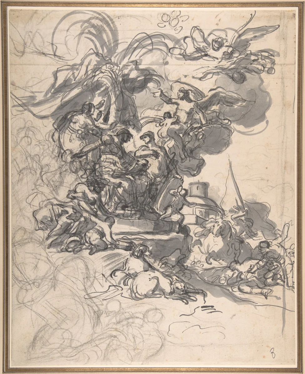 The Prophetess Deborah Ordering Barak to Take Arms against Sisera by Francesco Solimena, drawing, 1728-1733
