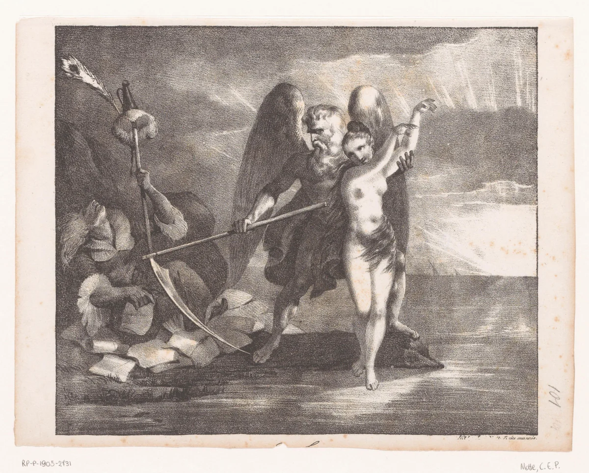 Vader Tijd met een naakte jonge vrouw bij een rots by anonymous, print, 1817-1830