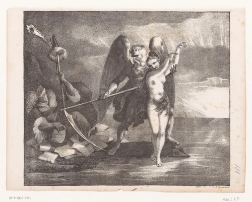 Vader Tijd met een naakte jonge vrouw bij een rots by anonymous, print, 1817-1830