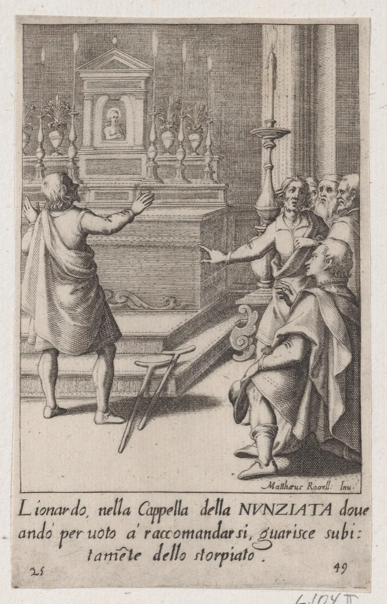 Leonardo, from Scelta d'Alcuni Miracoli e Grazie della Santissima Nunziata di Firenze (Selection of Some Miracles and Graces that Occurred in the Church of the Annunziata in Florence) by Jacques Callot, print, 1611-1619