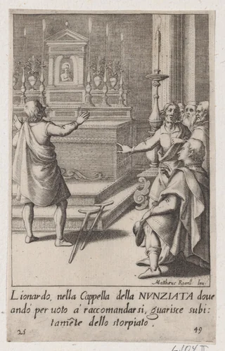 Leonardo, from Scelta d'Alcuni Miracoli e Grazie della Santissima Nunziata di Firenze (Selection of Some Miracles and Graces that Occurred in the Church of the Annunziata in Florence) by Jacques Callot, print, 1611-1619