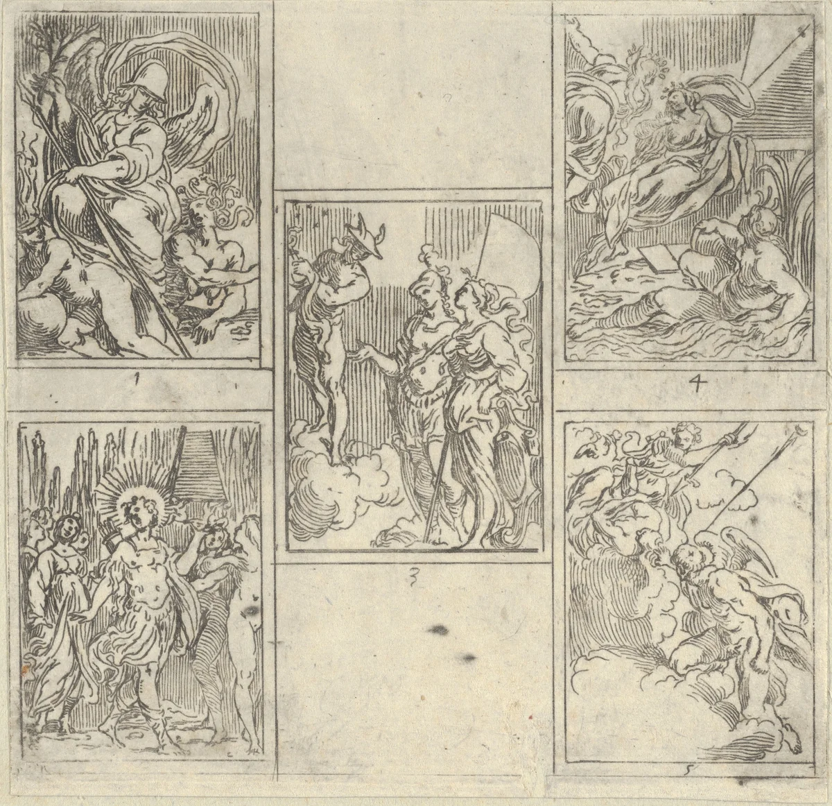 Five numbered scenes, each after a painter in the Accademia Degl'Incamminati, from IL FUNERALE D'AGOSTINO CARRACCIO FATTO IN BOLOGNA SUA PATRIA DAGL'INCAMINATI Academici del Disegno: 1. Virtue vanquishing Envy and Fortune, painted by Giulio Cesare Parigino; 2. Apollo and the Muses at the tomb of Agostino Carracci, painted by Luigi Valesio; 3. Mercury pointing to a constellation with the personification of Painting and that of the city of Bologna, Felsina, painted by Aurelio Benelli; 4. Personification of Painting being comforted by Poetry, and the personification of a river at right, painted by Lodovico Carracci; 5. Allegory of Knowledge and Vigilance chasing Envy out of Heaven, painted by Lorenzo Garbieri. by Guido Reni, print, 1603