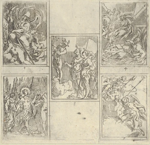 Five numbered scenes, each after a painter in the Accademia Degl'Incamminati, from IL FUNERALE D'AGOSTINO CARRACCIO FATTO IN BOLOGNA SUA PATRIA DAGL'INCAMINATI Academici del Disegno: 1. Virtue vanquishing Envy and Fortune, painted by Giulio Cesare Parigino; 2. Apollo and the Muses at the tomb of Agostino Carracci, painted by Luigi Valesio; 3. Mercury pointing to a constellation with the personification of Painting and that of the city of Bologna, Felsina, painted by Aurelio Benelli; 4. Personification of Painting being comforted by Poetry, and the personification of a river at right, painted by Lodovico Carracci; 5. Allegory of Knowledge and Vigilance chasing Envy out of Heaven, painted by Lorenzo Garbieri. by Guido Reni, print, 1603
