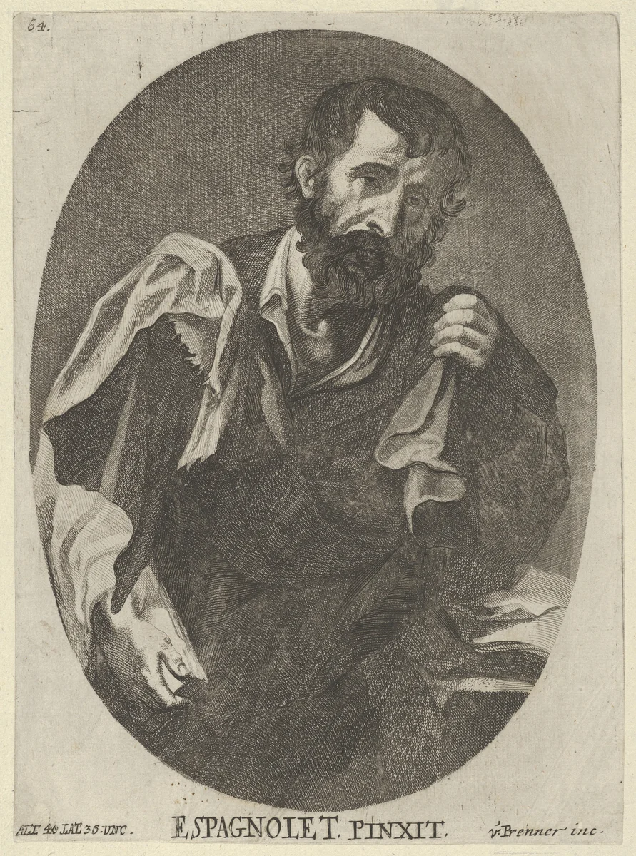 A man, possibly a scholar or philosopher, from a portfolio of reproductions of the Imperial Gallery of Paintings in Vienna; plate 64 of the series by Anton Joseph von Prenner, print, 1728