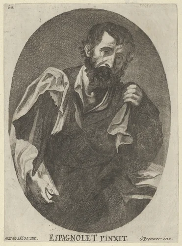 A man, possibly a scholar or philosopher, from a portfolio of reproductions of the Imperial Gallery of Paintings in Vienna; plate 64 of the series by Anton Joseph von Prenner, print, 1728