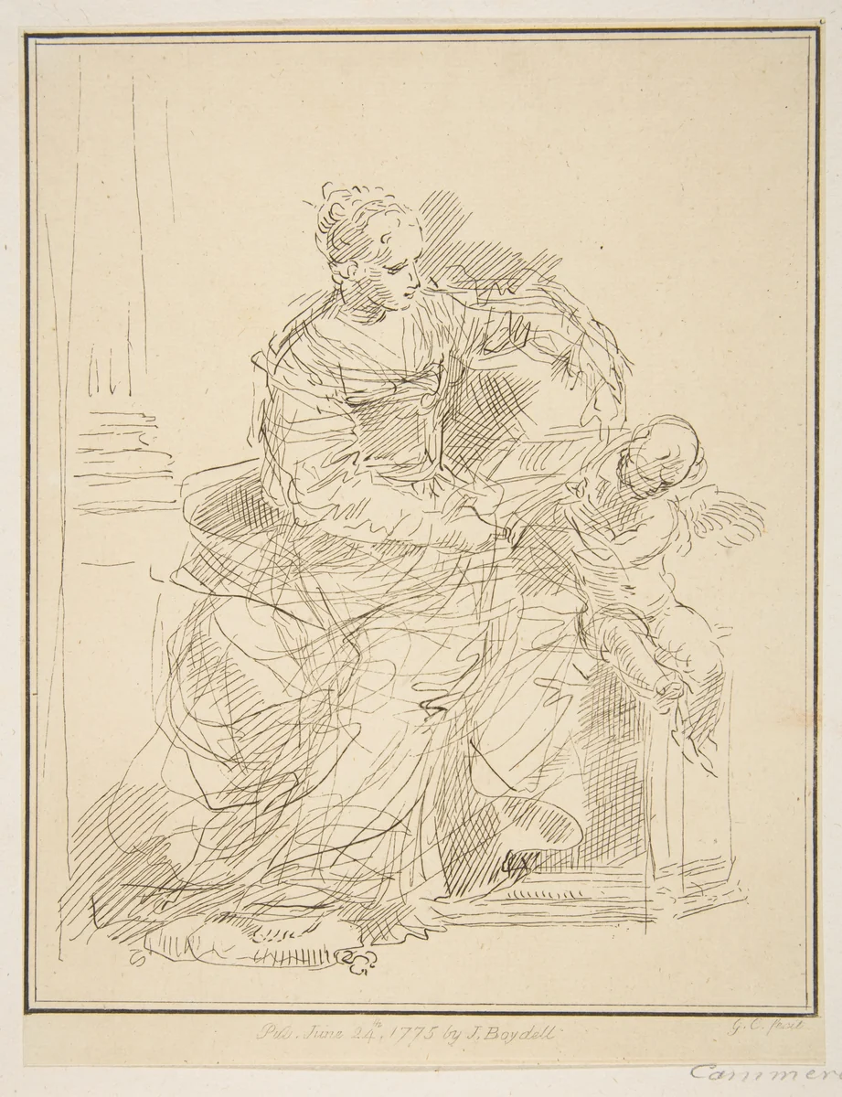 Seated woman with a putto by Simone Cantarini, print, 1775