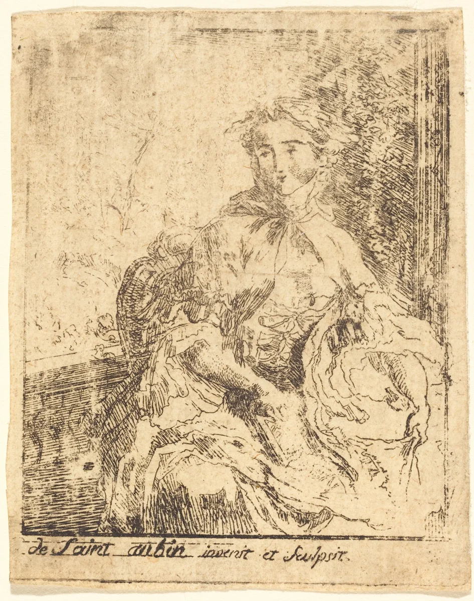 Young Woman on the Terrace (La jeune femme a la terrasse) by Gabriel de Saint-Aubin, print, 1745-1755