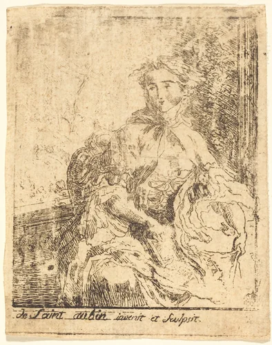 Young Woman on the Terrace (La jeune femme a la terrasse) by Gabriel de Saint-Aubin, print, 1745-1755