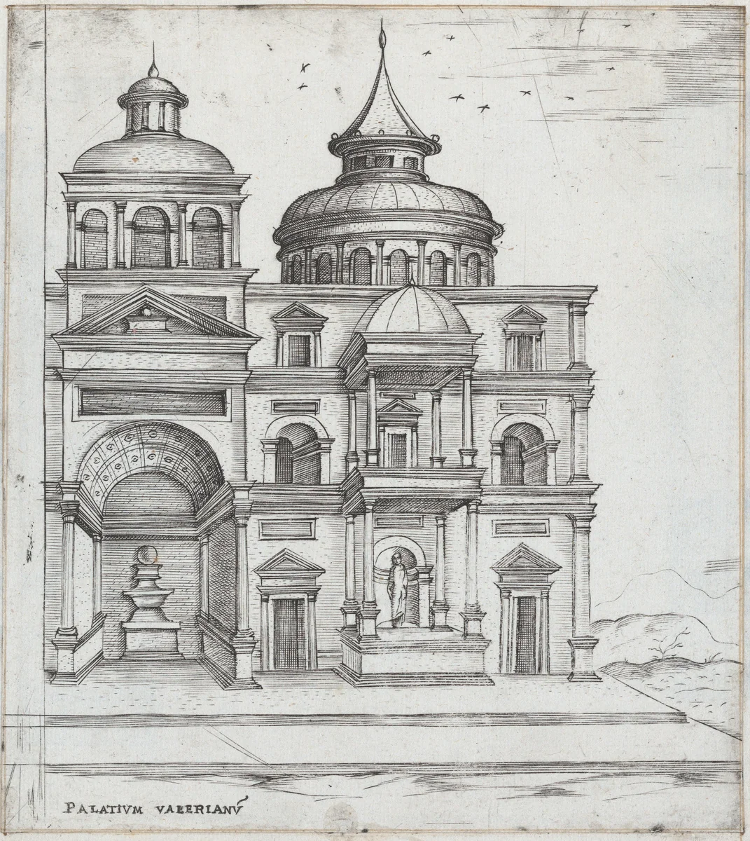 Palatium Valerianu[m], from a series of prints depicting (reconstructed) Buildings from Roman Antiquity by Monogrammist G.A. with the Caltrop, book, 1530-1550