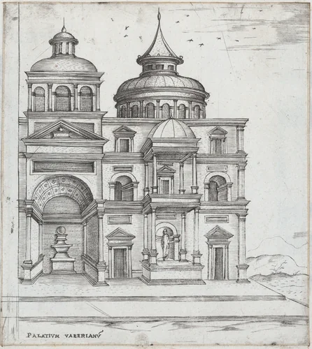Palatium Valerianu[m], from a series of prints depicting (reconstructed) Buildings from Roman Antiquity by Monogrammist G.A. with the Caltrop, book, 1530-1550