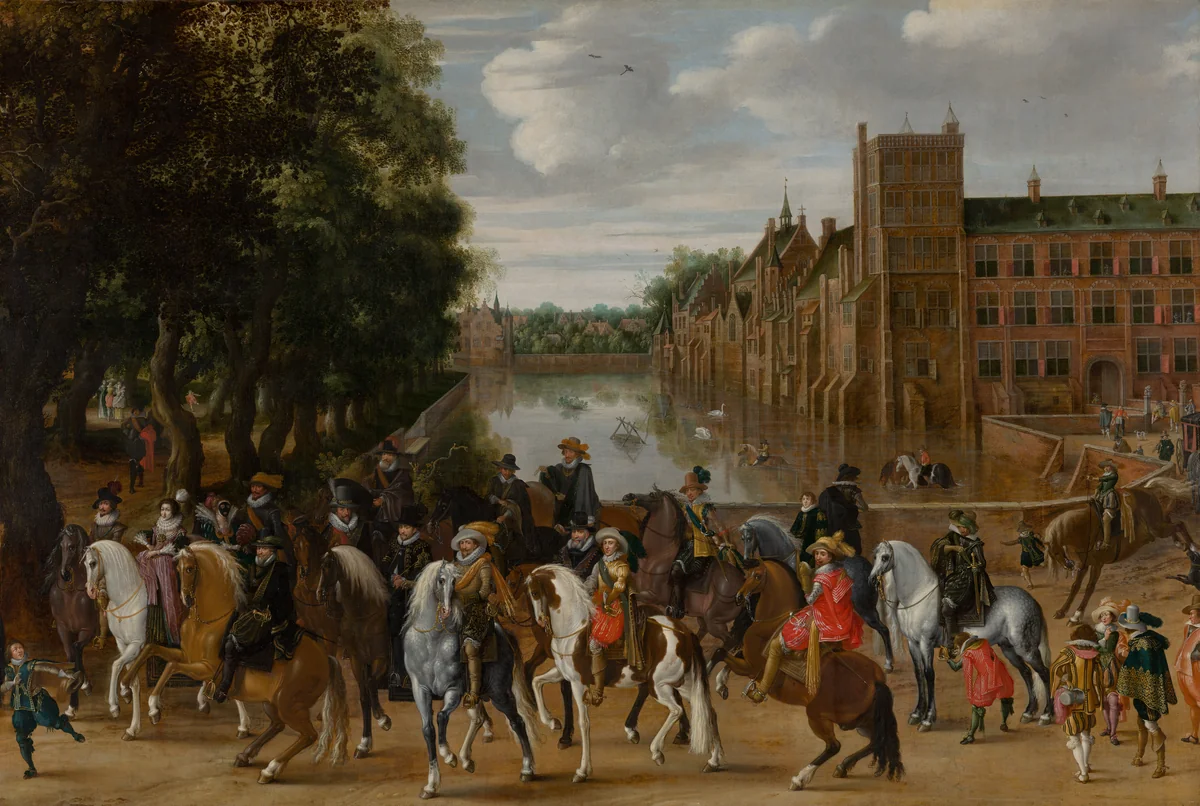 The Princes of Orange and their Families on Horseback, Riding Out from The Buitenhof, The Hague by Pauwels van Hillegaert, painting, 1621
