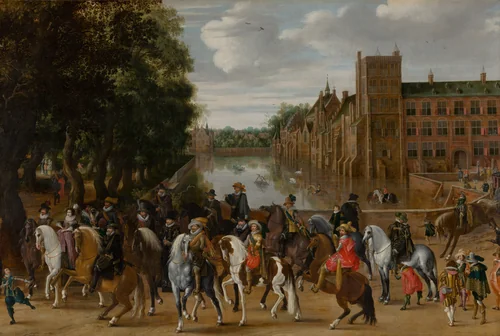 The Princes of Orange and their Families on Horseback, Riding Out from The Buitenhof, The Hague by Pauwels van Hillegaert, painting, 1621