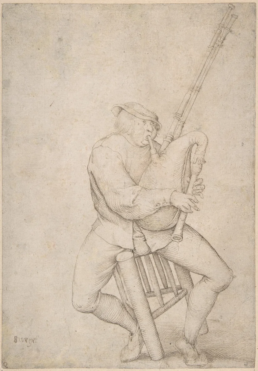 Seated Man, Precariously Balanced, Playing Bagpipes by anonymous, drawing, 1500-1600