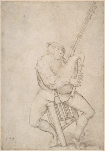 Seated Man, Precariously Balanced, Playing Bagpipes by anonymous, drawing, 1500-1600