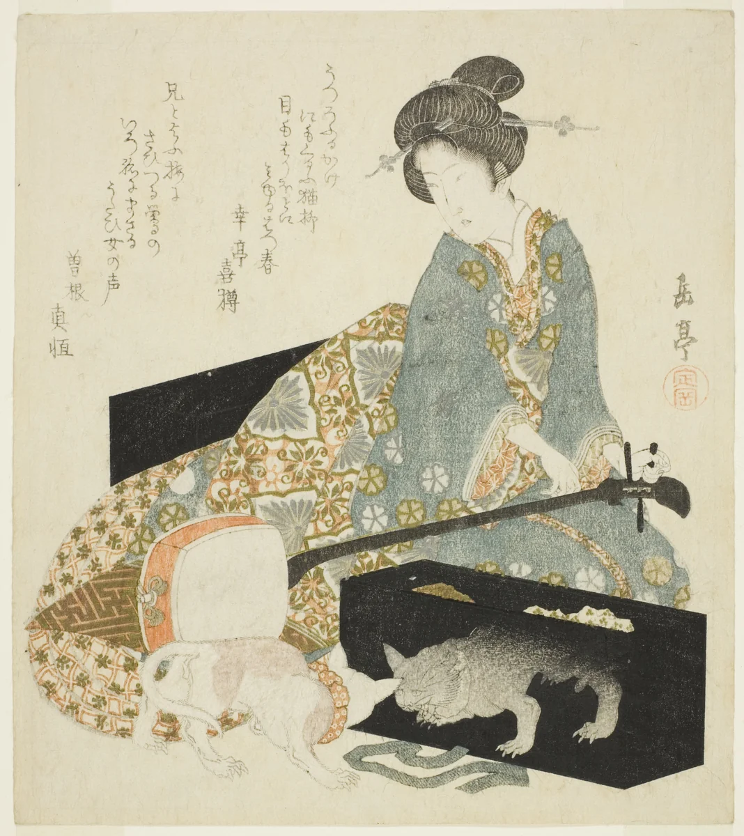 Woman with Shamisen and Cat by Yashima Gakutei (八島岳亭), print, 1820-1830