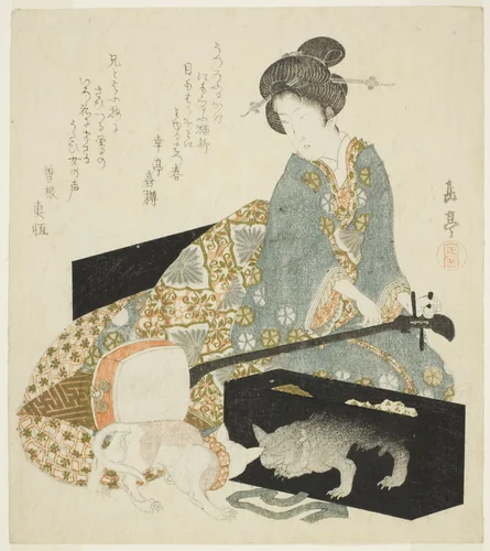 Woman with Shamisen and Cat by Yashima Gakutei (八島岳亭), print, 1820-1830