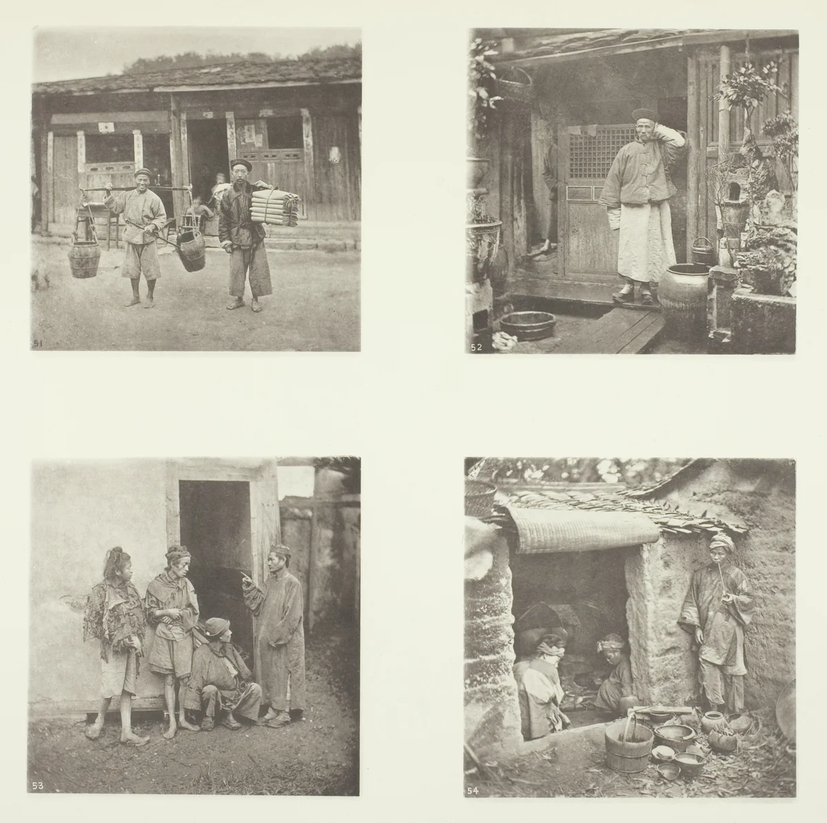 Foochow Coolies; A Foochow Detective; The Chief of Thieves; Beggars Living in a Tour by John Thomson, photograph, 1863-1873