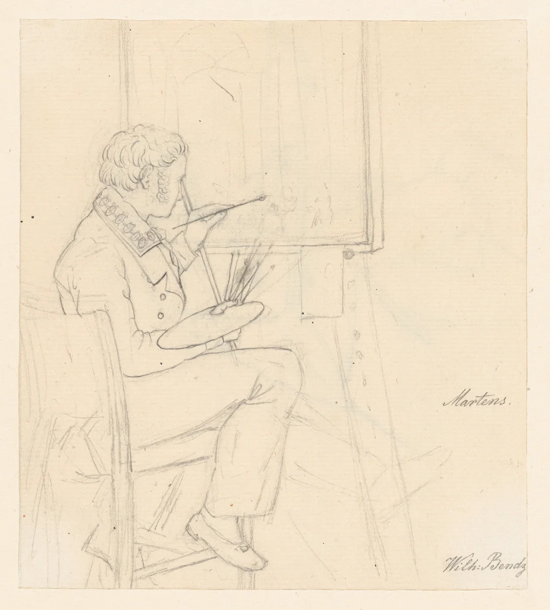 Portrait of the Painter Ditlev Martens at Work Behind and Easel; verso: An Artist Sketching by Wilhelm Bendz, drawing, 1820-1824