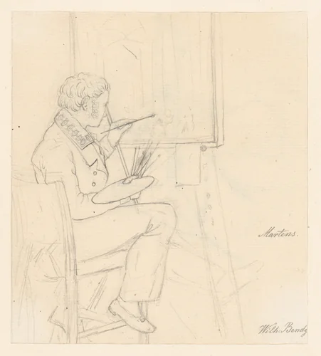 Portrait of the Painter Ditlev Martens at Work Behind and Easel; verso: An Artist Sketching by Wilhelm Bendz, drawing, 1820-1824