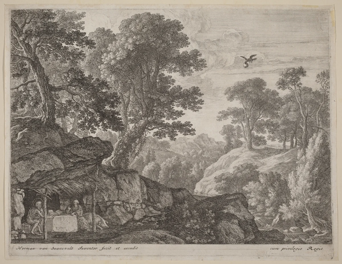 Saint Paul and Saint Anthony by the Entrance to the Cave by Herman van Swanevelt, print, 1600-1655