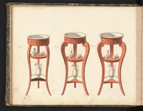 Drie ontwerpen voor drie-potige wastafels by anonymous, drawing, 1825-1839