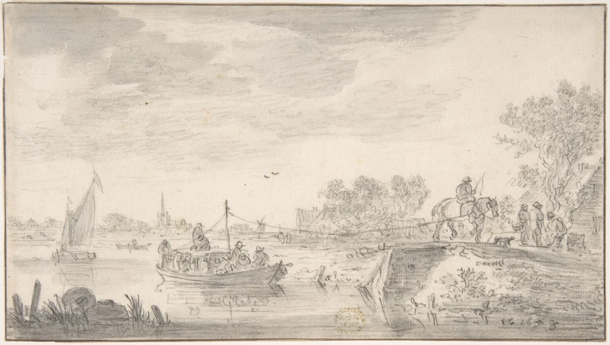 River Scene with Towboat by Jan van Goyen, drawing, 1653