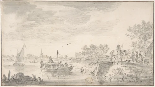 River Scene with Towboat by Jan van Goyen, drawing, 1653