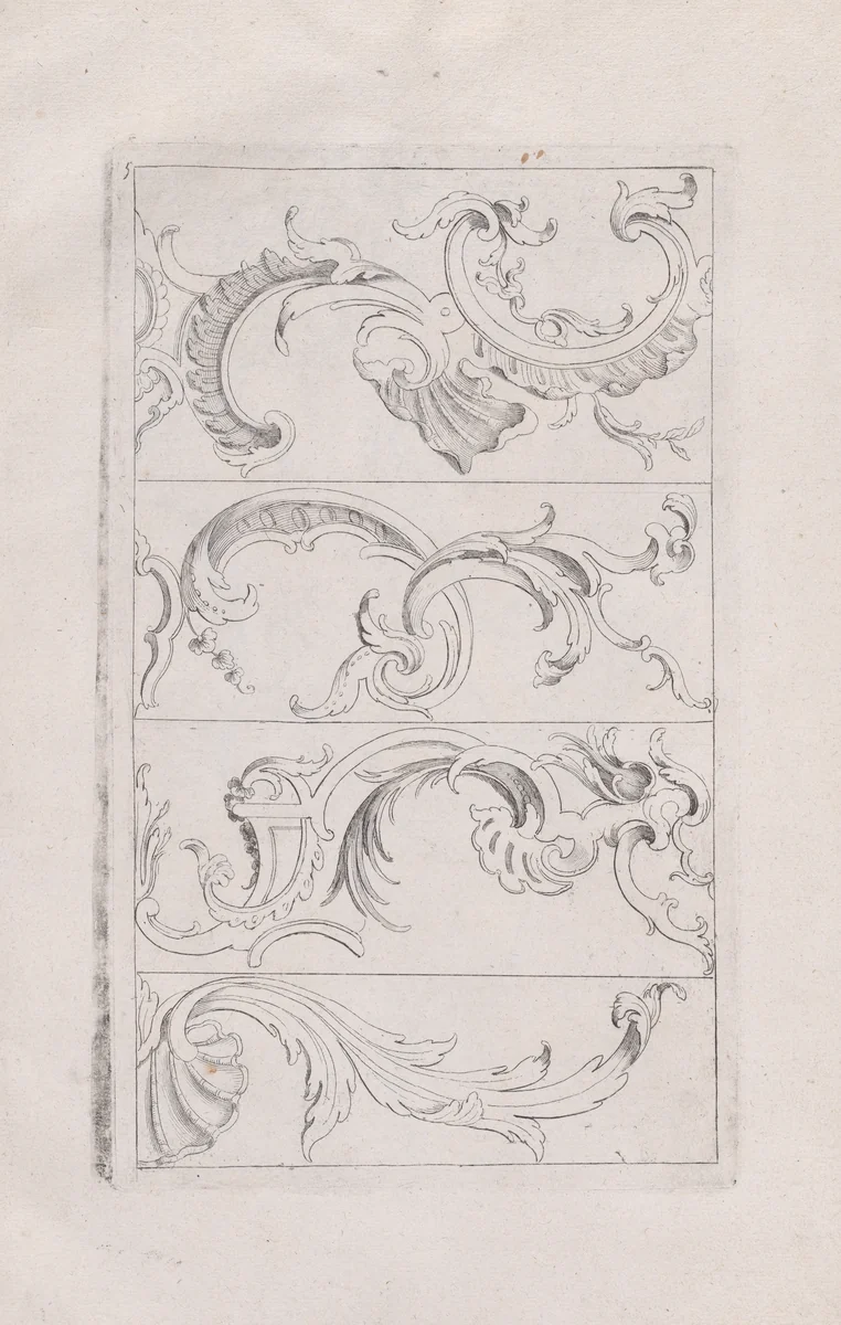 Plate 5, from "Livre Nouveau de Prinsipes D'Ornemens, tres facil. Pour apprendre a Dessigner" by Nicolas Guérard, print, 1710-1720