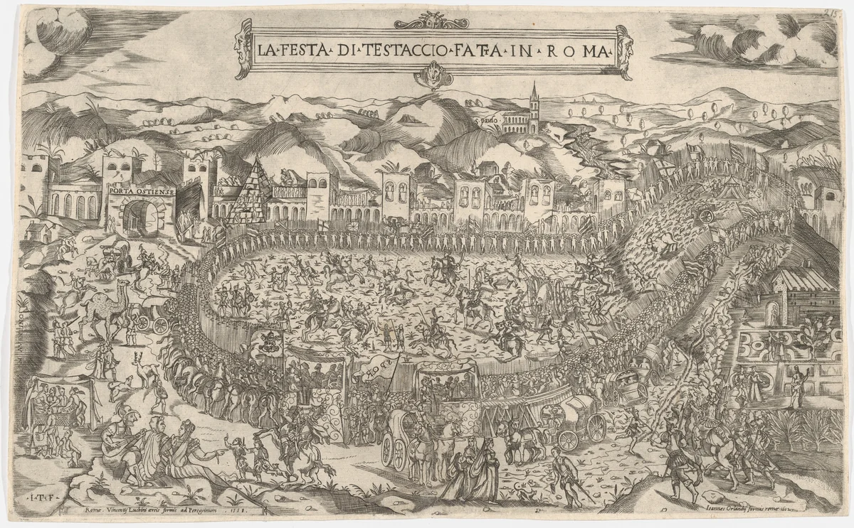 Carnival games held on the Mount Testaccio in Rome by Monogrammist ITF, print, 1558