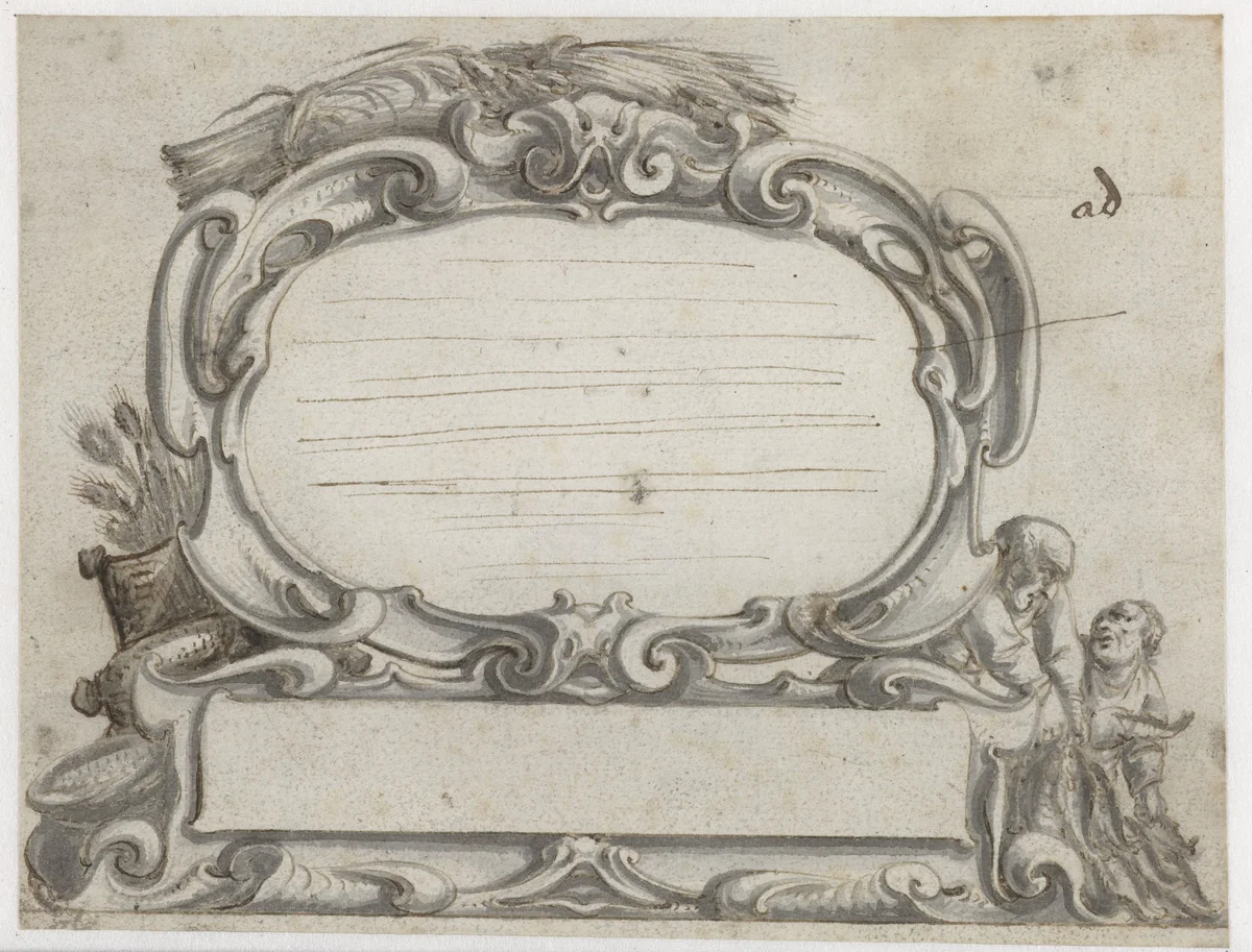 Cartouche met twee mannen die vis sorteren by Pieter Jansz, drawing, 1657-1662