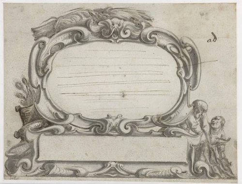 Cartouche met twee mannen die vis sorteren by Pieter Jansz, drawing, 1657-1662