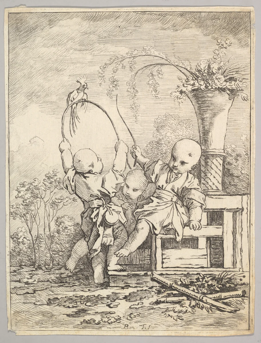 Chinese Children Playing with a Parrot by Louis Antoine Crozat, print, 1760-1770