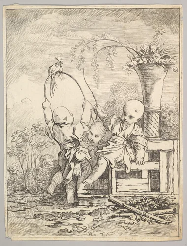 Chinese Children Playing with a Parrot by Louis Antoine Crozat, print, 1760-1770