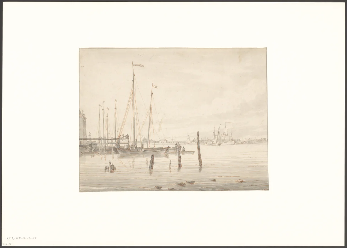 Gezicht op het oostelijk gedeelte van de stad Amsterdam gezien vanaf het IJ, links een gedeelte van het Tolhuis by Gerrit Groenewegen, drawing, 1764-1826