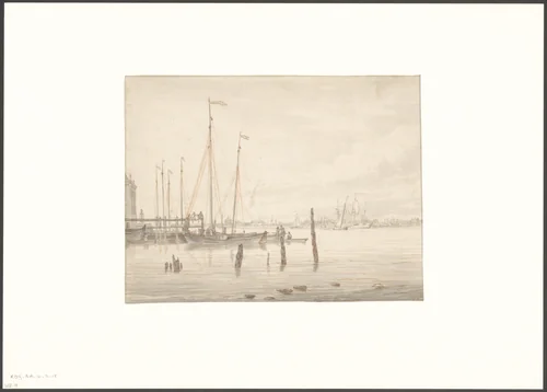 Gezicht op het oostelijk gedeelte van de stad Amsterdam gezien vanaf het IJ, links een gedeelte van het Tolhuis by Gerrit Groenewegen, drawing, 1764-1826