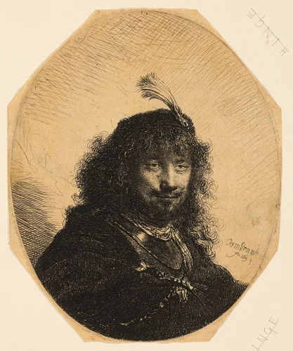 Self-Portrait (?) with Plumed Cap and Lowered Sabre by Rembrandt van Rijn, print, 1634