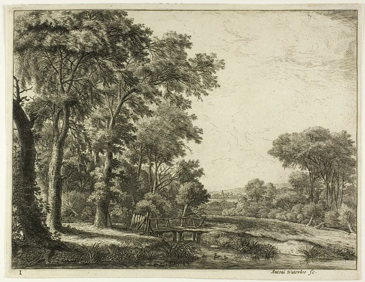 The Entrance to the Forest by the Little Wooden Bridge by Anthonie Waterloo, print, 1630-1690
