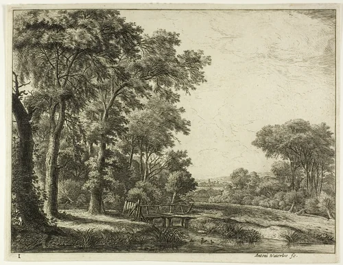 The Entrance to the Forest by the Little Wooden Bridge by Anthonie Waterloo, print, 1630-1690