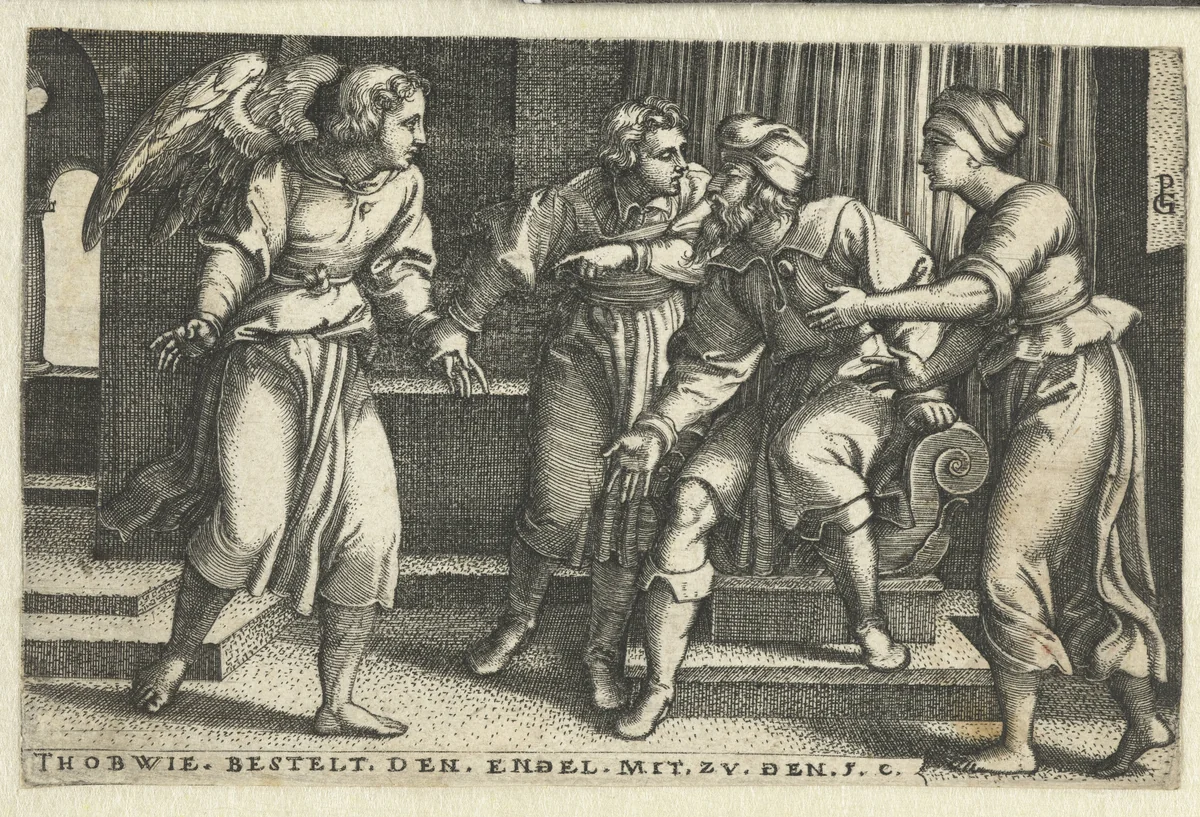 Tobias stelt de engel Rafaël voor aan Tobit by Unknown, print, 1543