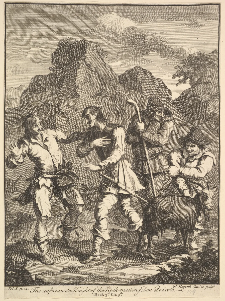Don Quixote and the Knight of the Rock (Six Illustrations for Don Quixote) by William Hogarth, print, 1756