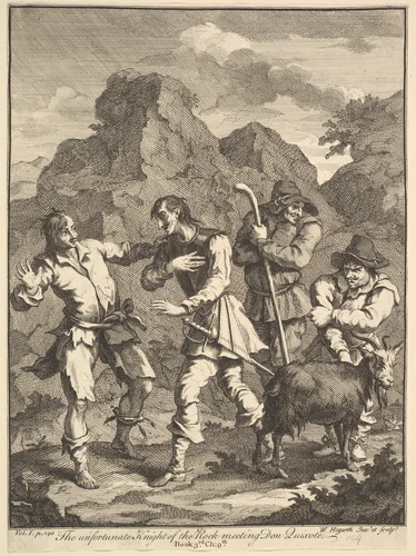 Don Quixote and the Knight of the Rock (Six Illustrations for Don Quixote) by William Hogarth, print, 1756