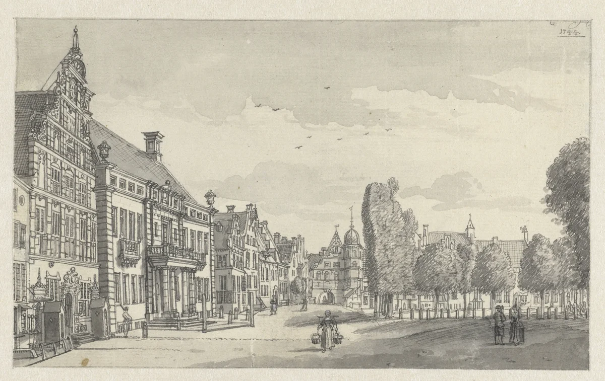 Gezicht op het Grote Kerkhof te Deventer by Jan de Beijer, drawing, 1744