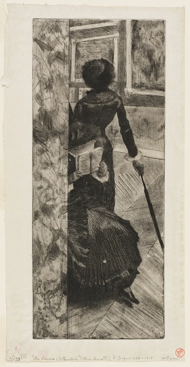 Mary Cassatt in the Paintings Gallery at the Louvre by Edgar Degas, print, 1879-1880