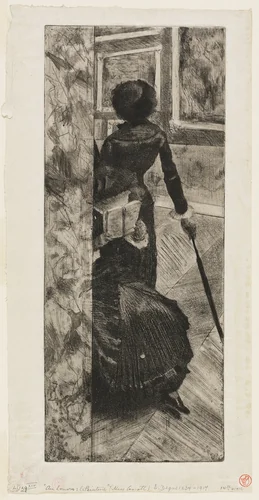 Mary Cassatt in the Paintings Gallery at the Louvre by Edgar Degas, print, 1879-1880